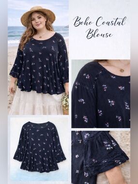 Lucky Brand Women’s 3X BLK Floral Embroidered Blouse Boho Coastal Flowy Top